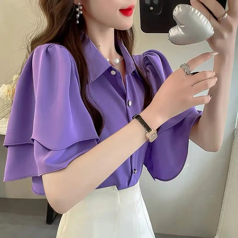 Women’s French Loose Chiffon Top | Summer Solid Color Sleeve Elegant Shirt | Casual Lightweight Fashion Shirt