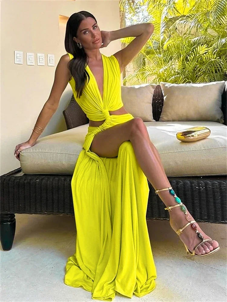 Women’s Summer Beach Maxi Dress – Hollow Out Twist Knot Deep V Split Dress