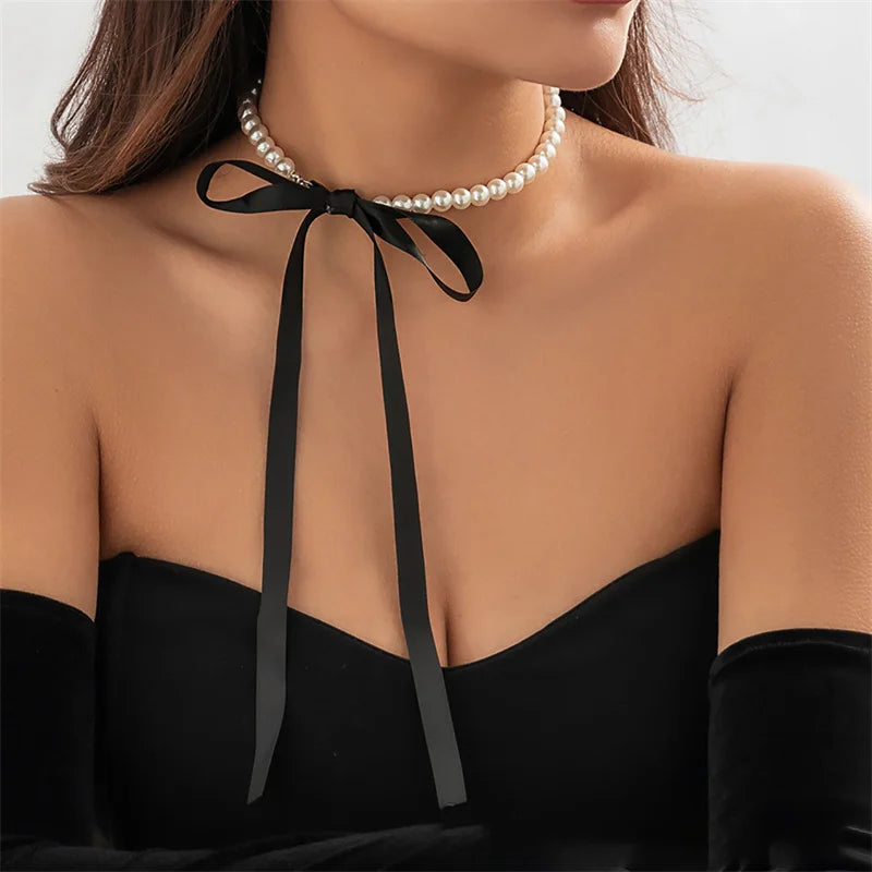 Women’s Jewelry Black Ribbon Pearl Choker Necklace | Elegant | Party | Vacation