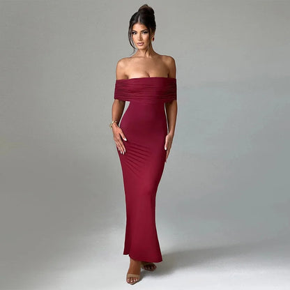 Women’s Off-Shoulder Backless Dress – Elegant Pleated High Slit Evening Party Dress