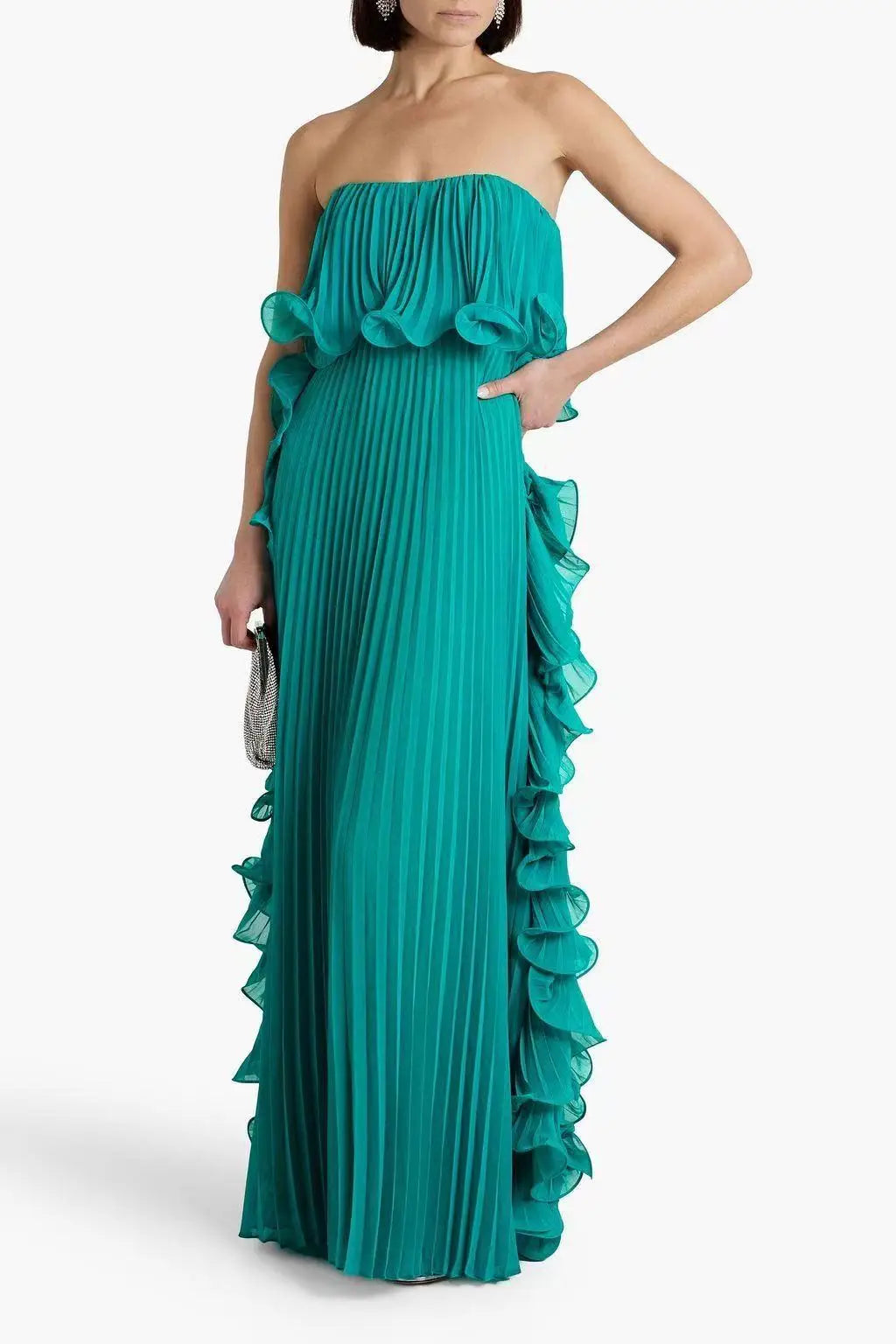 Women’s Strapless Pleated Dress – Elegant Ruffled Maxi Dress for Summer & Formal Events