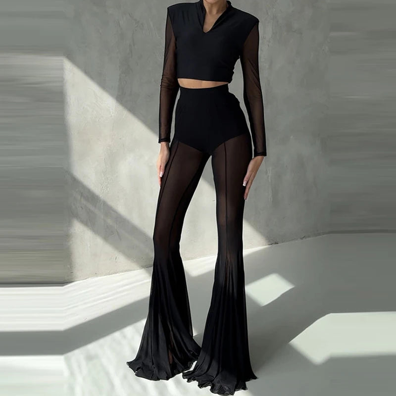 Women’s High Waist Flared Pants – Elegant Slim Fit Patchwork Transparent Bottoms