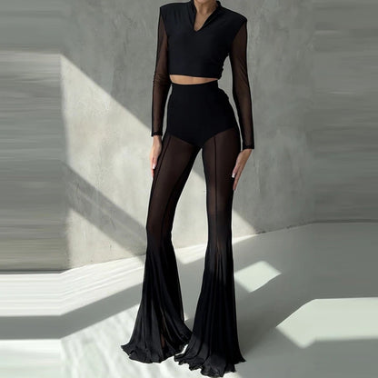 Women’s High Waist Flared Pants – Elegant Slim Fit Patchwork Transparent Bottoms