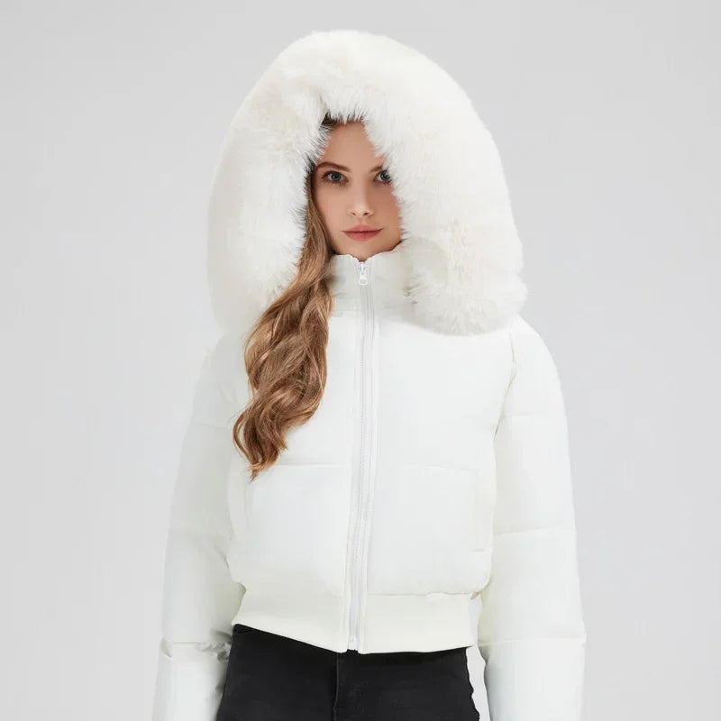 Women’s Down Cotton Puffer Outerwear – Short Fur Hooded Jacket
