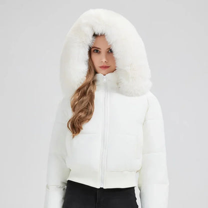 Women’s Down Cotton Puffer Outerwear – Short Fur Hooded Jacket