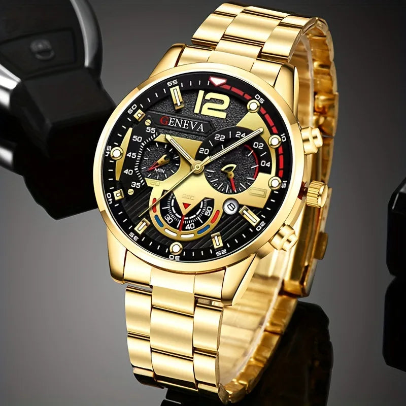 Men’s Luxury Quartz Watch Gift Jewelry Set – Gold Roman Calendar Wristwatch with Cross Necklace, Bracelet & Ring