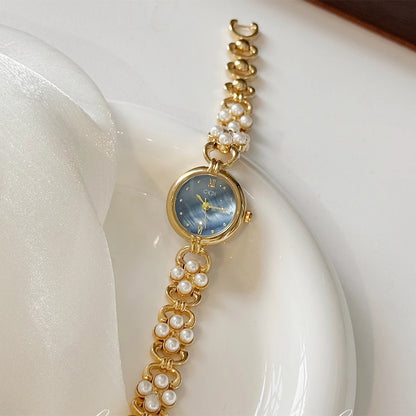 Women’s Small Gold Quartz Watch | Vintage | Pearl Chain | Elegant