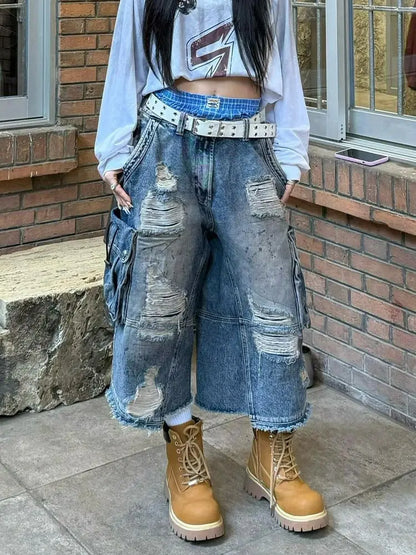 Women’s Vintage Denim Bermuda Bottom – Washed Baggy Jean Pants Slim Y2K Hot Girl Style with Distressed Holes