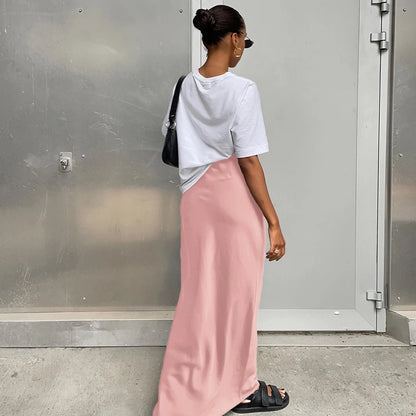 Women’s Satin High Waist Midi Skirt Bottom – Elegant Chic High Street Style