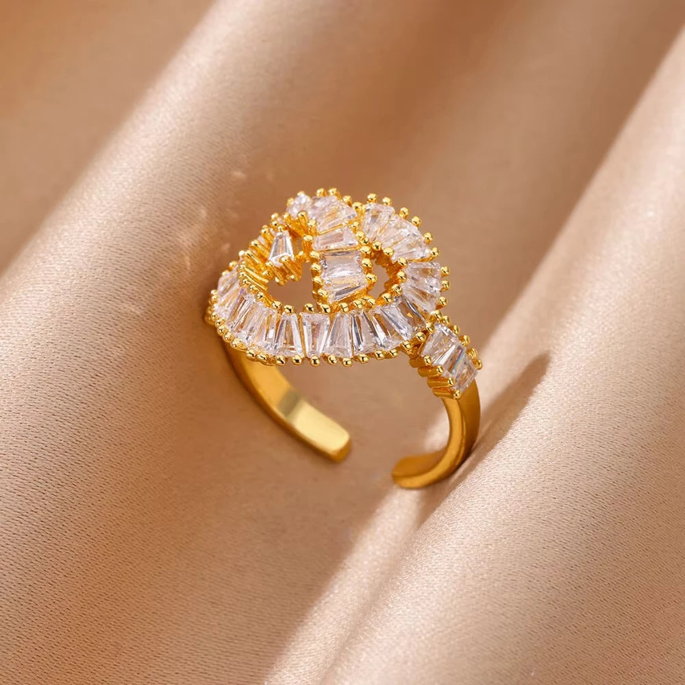 Women’s Gold Stainless Steel Heart Ring – Adjustable Imitation Open Band