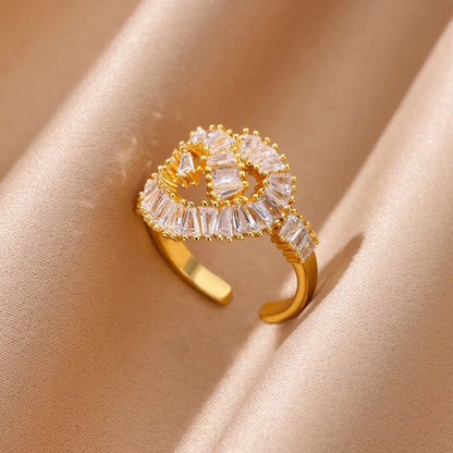 Women’s Gold Stainless Steel Heart Ring – Adjustable Imitation Open Band