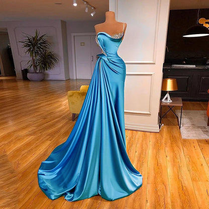 Women’s One Shoulder Lilac Evening Dress – Beaded Ruched Formal Gown with Sweep Train, Elegant Party & Pageant Maxi Dress