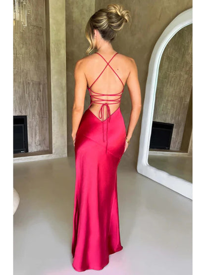 Women’s Satin Spaghetti Strap Dress – Elegant Backless Lace-Up Split Hem Long Party Maxi Dress