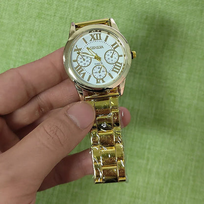Men’s Light Luxury Watch – Gold Stainless Steel Wristwatch with 3-Eye Dial