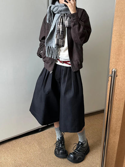 Women’s Solid Black Wide Bermuda Bottom – High Waist Pleated Streetwear Bloomers Casual Unisex Style