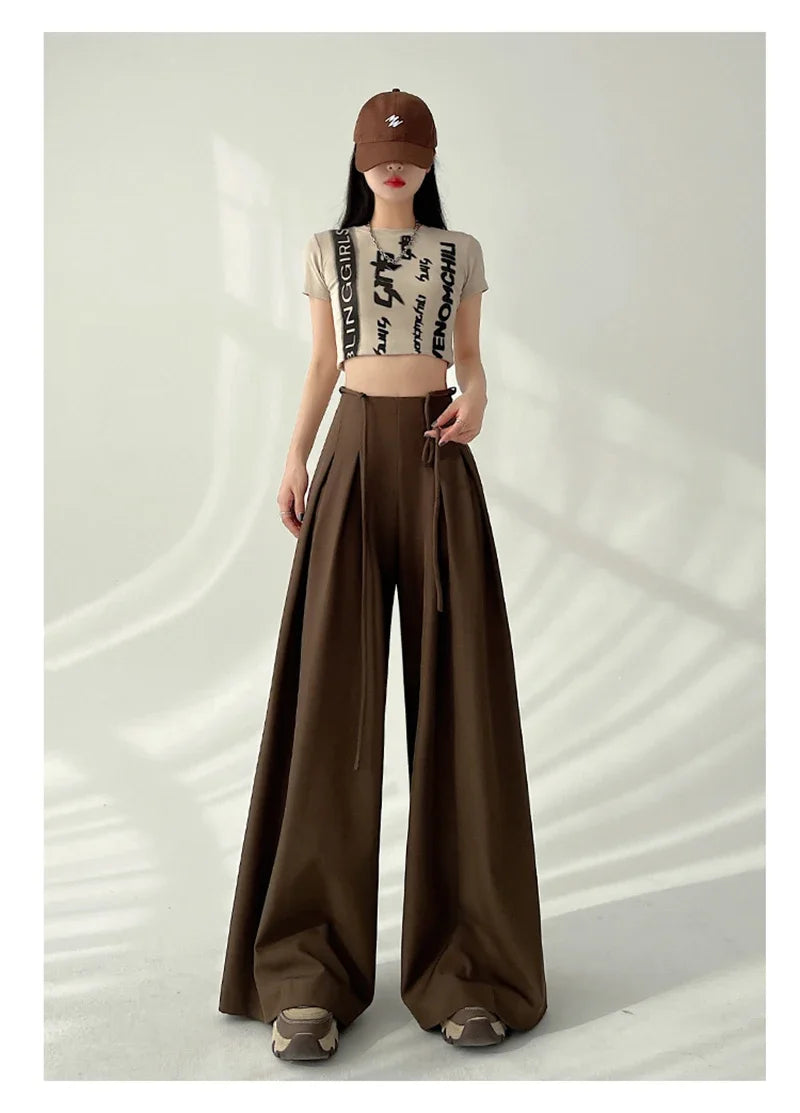 Women’s Streetwear Wide Leg Pants Bottom – Korean High Waist Lace-Up Suit Trousers, Elegant Black Summer Fashion