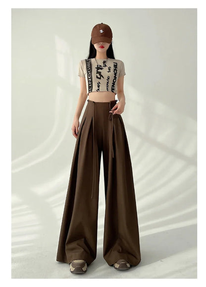 Women’s Streetwear Wide Leg Pants Bottom – Korean High Waist Lace-Up Suit Trousers, Elegant Black Summer Fashion