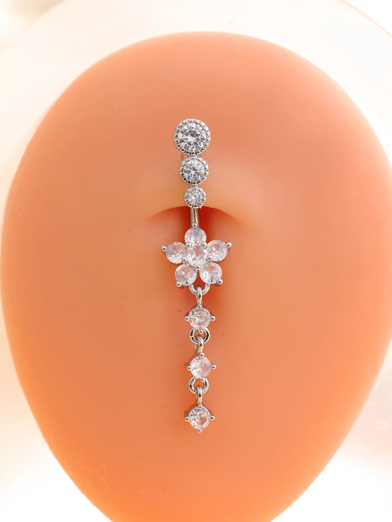 Women’s Gold Stainless Steel Belly Button – Long Dangle Flower CZ Crystal Navel Piercing Jewelry