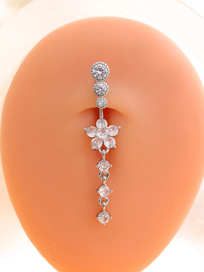 Women’s Gold Stainless Steel Belly Button – Long Dangle Flower CZ Crystal Navel Piercing Jewelry