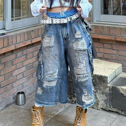 Women’s Vintage Denim Bermuda Bottom – Washed Baggy Jean Pants Slim Y2K Hot Girl Style with Distressed Holes