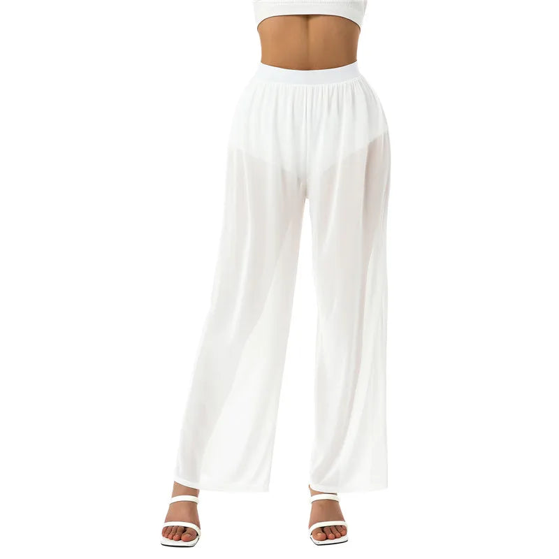 Women’s Cover-Up Pants Bottom – Sheer See-Through Bikini Swimsuit Cover-Up with Elastic Waist and Wide Leg Palazzo Style