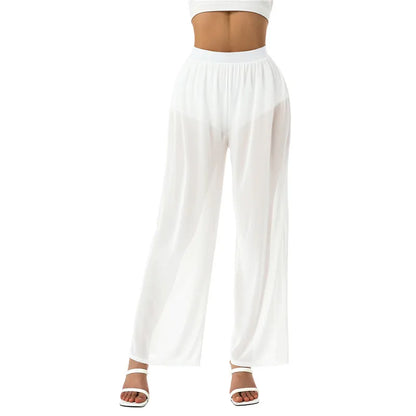 Women’s Cover-Up Pants Bottom – Sheer See-Through Bikini Swimsuit Cover-Up with Elastic Waist and Wide Leg Palazzo Style