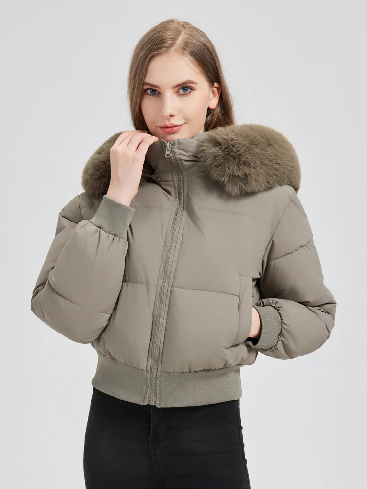 Women’s Down Cotton Puffer Outerwear – Short Fur Hooded Jacket