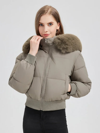 Women’s Down Cotton Puffer Outerwear – Short Fur Hooded Jacket