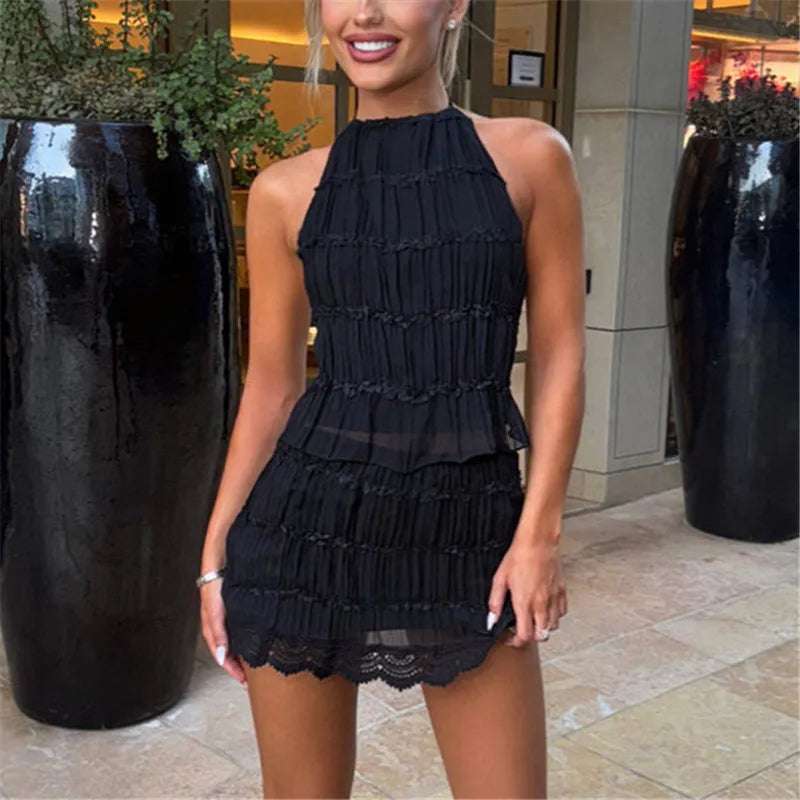 Women’s Y2K Lace Mesh Ruched Two-Piece Elegant Set | Sheer Halter Summer Beach Outfit