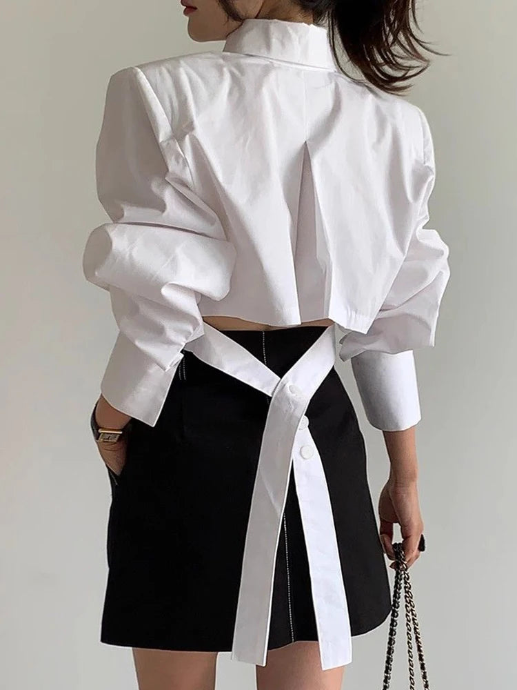 Women’s Korean Cropped White Shirt Top | Lace-Up Back Vintage Blouse | Elegant Hollow Out Long Sleeve Spring Top