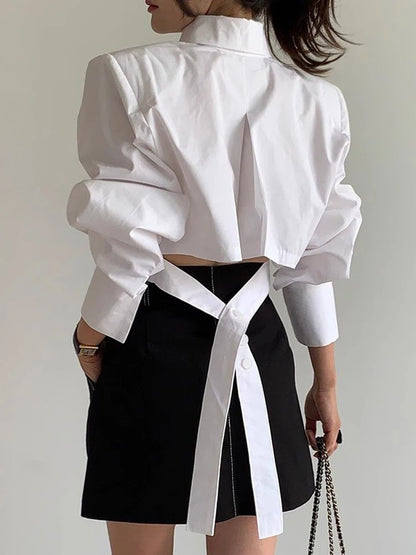 Women’s Korean Cropped White Shirt Top | Lace-Up Back Vintage Blouse | Elegant Hollow Out Long Sleeve Spring Top