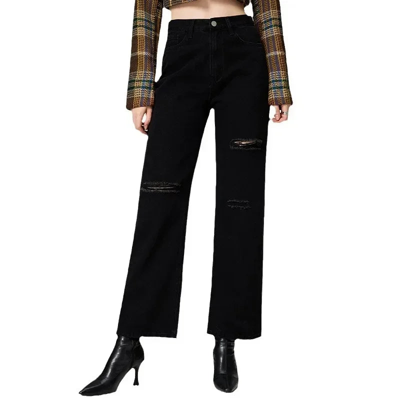 Women’s Ripped Denim Bottom – High Waist Distressed Hole Jeans, Vintage Straight Ankle-Length Pants
