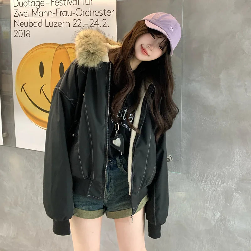 Women’s Fur Collar Jacket Outerwear – Short Hooded Retro Jacket