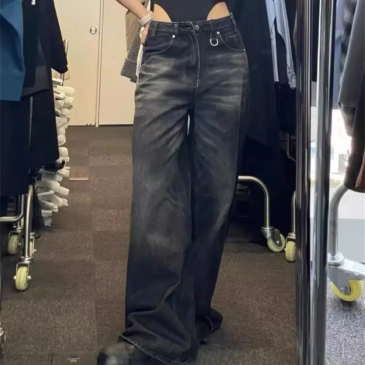 Women’s Vintage Black Wide Leg Jeans Bottom – High Waist Baggy Denim Pants