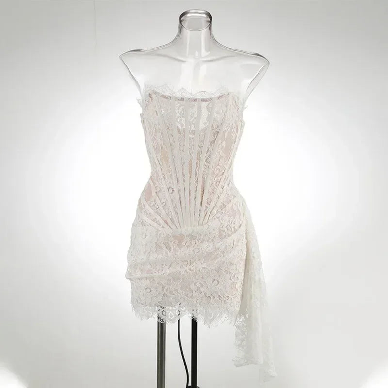 Women’s Strapless Lace Sexy Mini Dress – Elegant Party Sheer Patchwork Slim Fit Gown