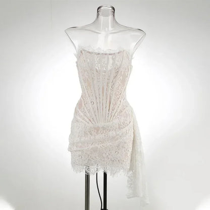 Women’s Strapless Lace Sexy Mini Dress – Elegant Party Sheer Patchwork Slim Fit Gown