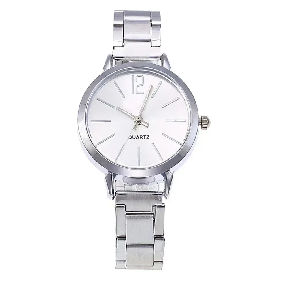 Women’s Elegant Steel Strap Watch & Love Bracelet Jewelry Set – 2PCS Collection