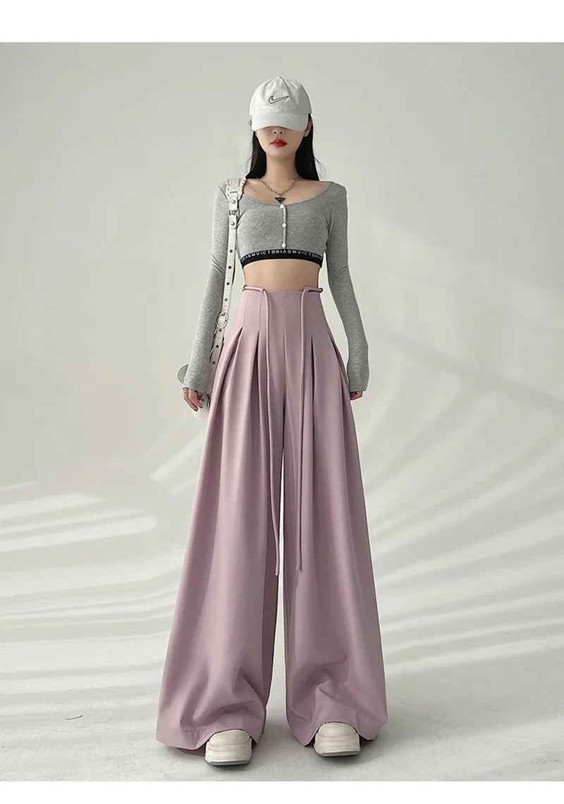 Women’s Streetwear Wide Leg Pants Bottom – Korean High Waist Lace-Up Suit Trousers, Elegant Black Summer Fashion