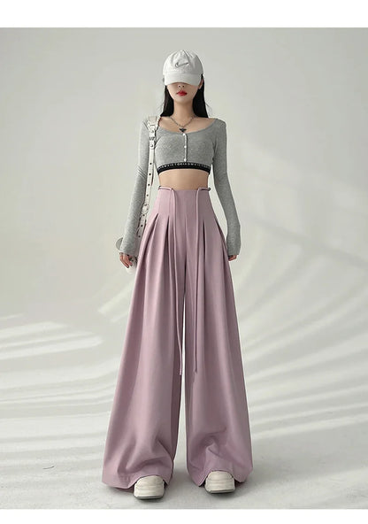 Women’s Streetwear Wide Leg Pants Bottom – Korean High Waist Lace-Up Suit Trousers, Elegant Black Summer Fashion