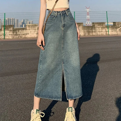 Women’s High-Waist Slit Denim Skirt Bottom – Washed Retro A-Line Straight Long Skirt