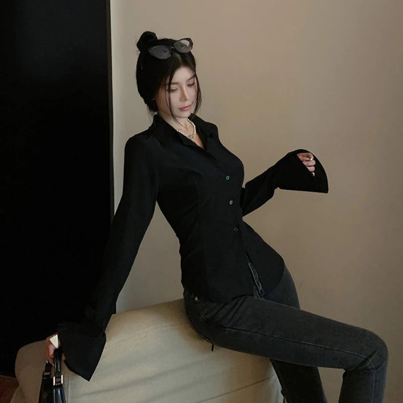Women’s Korean Bandage Shirt Top – Slim Fit Bell Sleeve Blouse for Spring Casual Streetwear