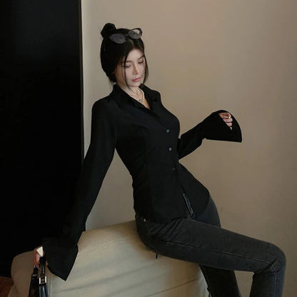 Women’s Korean Bandage Shirt Top – Slim Fit Bell Sleeve Blouse for Spring Casual Streetwear