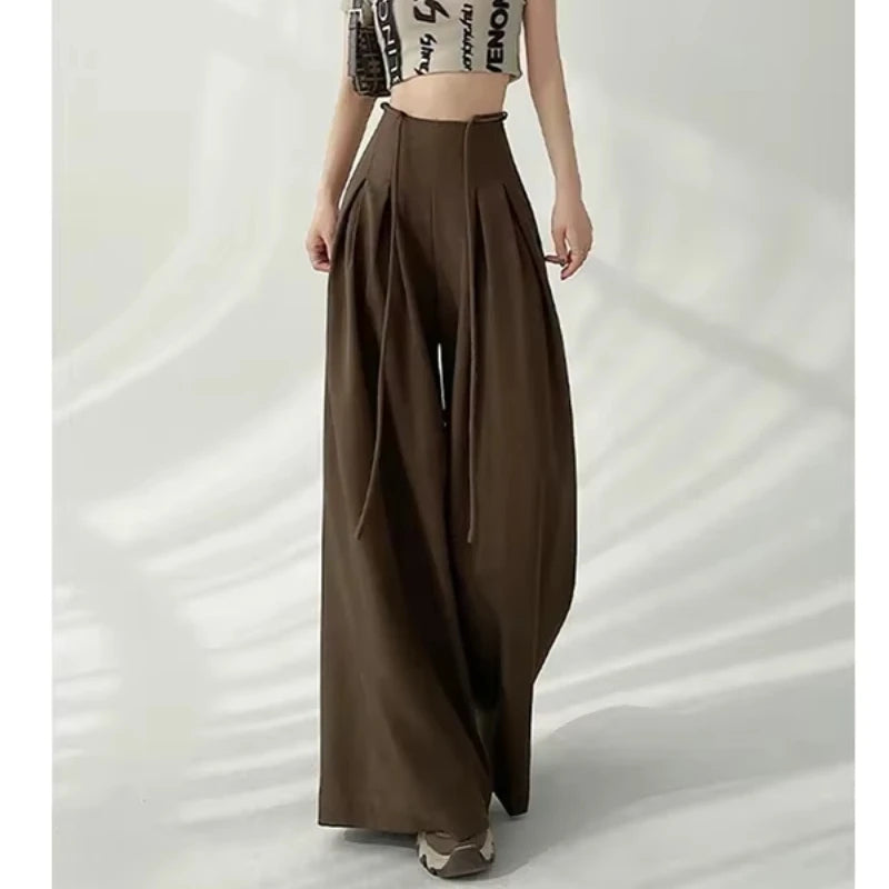Women’s Streetwear Wide Leg Pants Bottom – Korean High Waist Lace-Up Suit Trousers, Elegant Black Summer Fashion