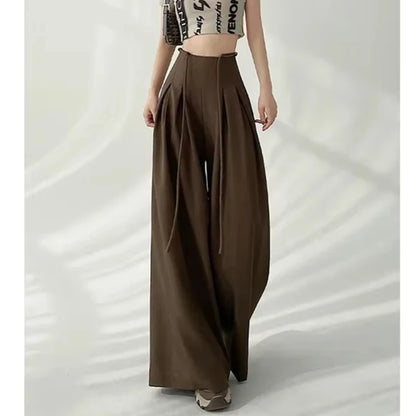 Women’s Streetwear Wide Leg Pants Bottom – Korean High Waist Lace-Up Suit Trousers, Elegant Black Summer Fashion