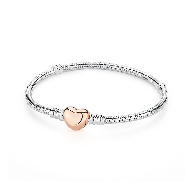 Women’s 925 Sterling Silver Bracelet – Rose Gold Snake Chain with Heart Charm Beads Jewelry