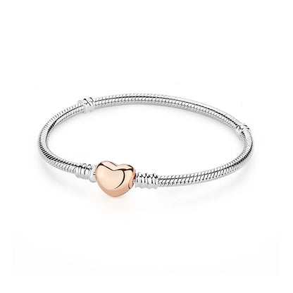 Women’s 925 Sterling Silver Bracelet – Rose Gold Snake Chain with Heart Charm Beads Jewelry