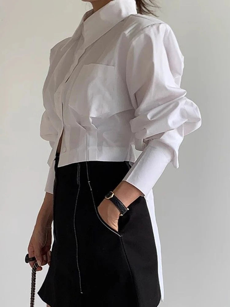 Women’s Korean Cropped White Shirt Top | Lace-Up Back Vintage Blouse | Elegant Hollow Out Long Sleeve Spring Top