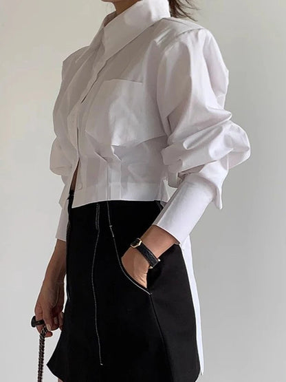 Women’s Korean Cropped White Shirt Top | Lace-Up Back Vintage Blouse | Elegant Hollow Out Long Sleeve Spring Top