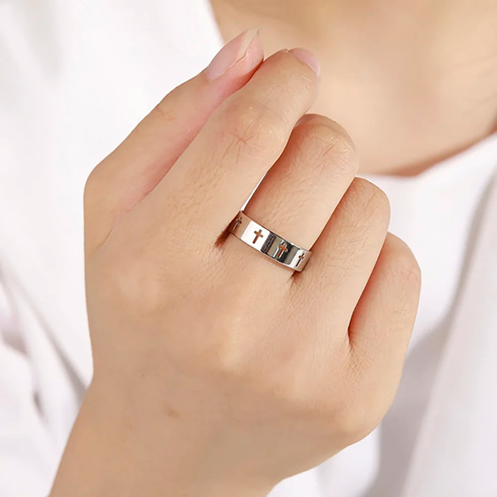 Men’s Hollow Cross Ring Jewelry – Stainless Steel Couple Engagement Band