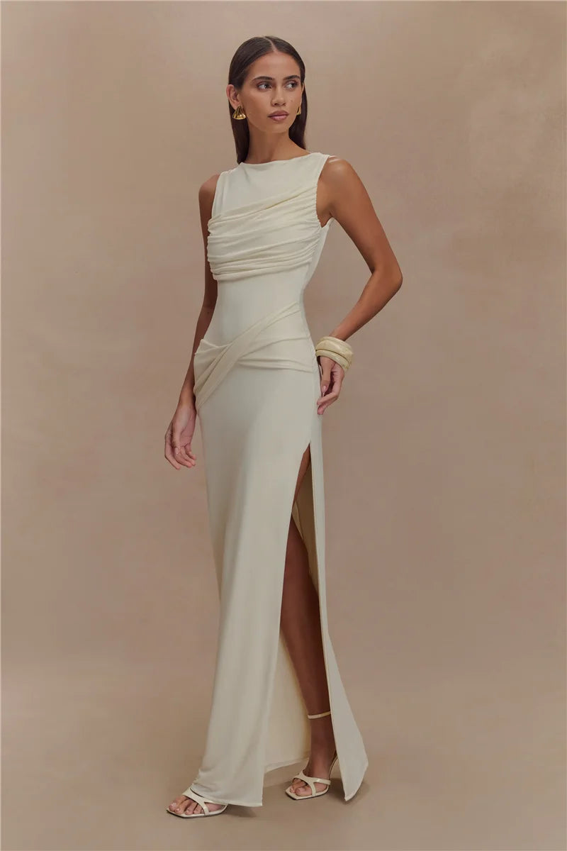 Women’s Backless Ruched Maxi Dress – Elegant Sleeveless High Split Summer Evening Gown